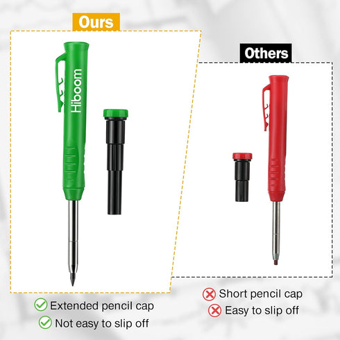 Hiboom 2 Pack Solid Carpenter Pencils with Pencil Cap and 18 Refills, Long Nose Mechanical Pencil Marker for