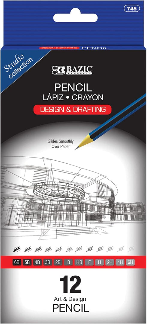 BAZIC 12/Pack Drawing Sketching Pencil Set, 6B 5B 4B 3B 2B B HB F H 2H 4H 6H, Professional Graphite Kit