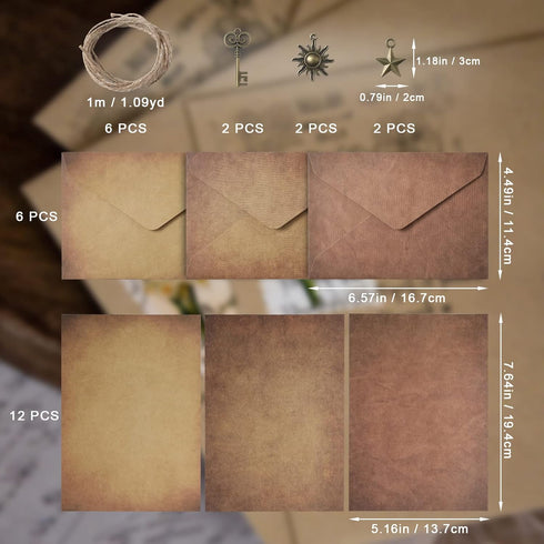 SAVITA 30pcs Antique Envelopes and Paper Set, 6.4x4.5inch 6pcs Ancient Retro Old Envelopes and 12pcs Antique Papers with 6pcs Hemp Ropes 6pcs Decorative Charms Aged Envelopes for Writing (Style 2)