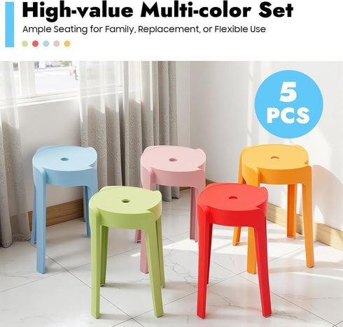 HinLIaDa 5 Pack 18" Plastic Stackable Stools, Plastic Round Stools, Colorful Nesting Stools, Portable Multipurpose
