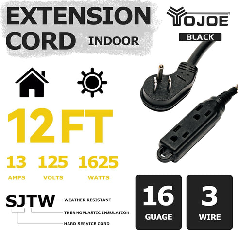 YOJOE 12 ft Flat Plug Extension Cord with 3 Outlets, Heavy Duty 16/3 SJTW for Kitchen Office