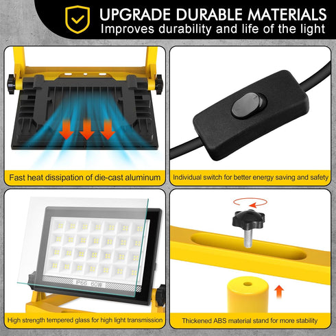 60W 6000LM 13ft 3 T-SUNiceM LED Work Light, Work Lights on StandLED Flood Light Outdoor Cord with Plug, Modes, Magnetic