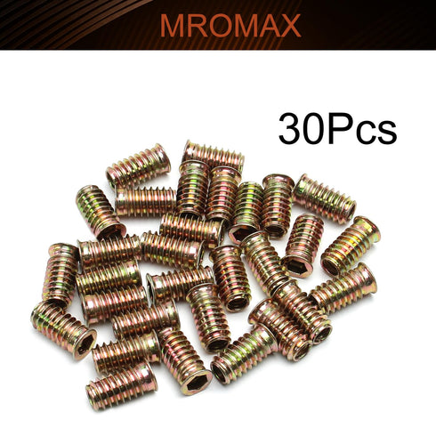 MroMax 30pcs Hex Threaded Inserts M8 with Flanged, 25mm Length, Carbon Steel Fastener Connector for Soft Wood