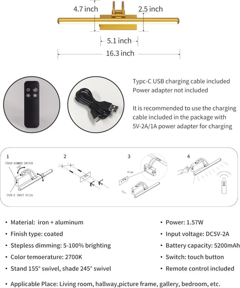 5200mAh Dimmable 16.3 inch, KDG LED Cordless Wall Picture Light with Remote, Rechargeable Art Lighting, Adjustable