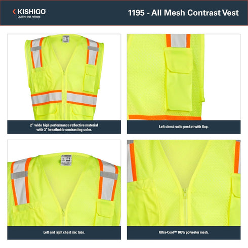 Kishigo All Mesh Contrast Unisex Reflective Safety Vest 1195, ANSI Type R/Class 2, Silver & Orange, 6 Pockets (Lime, L)