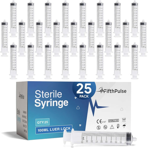 100 ml Syringe without Needle, 25 Pack of Disposable Syringes for Medical, Scientific Lab, Home Use
