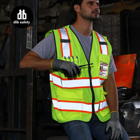 Reflective Vest, High Visibility Two Tone with Pockets and Zipper, ANSI Class 2 Compliant, Yellow with Orange Trim