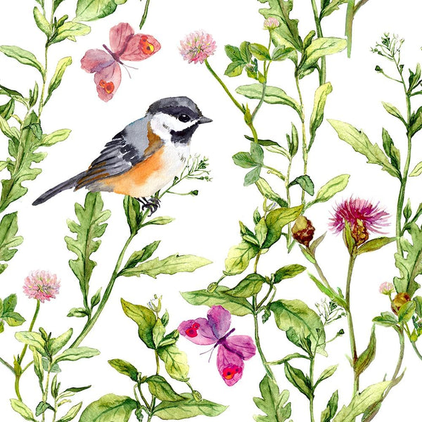REDAMANCY Watercolor Meadow Green Grass Leaf Flowers Plants Birds Purple Butterfly Peel and