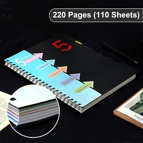 CAGIE 5 Subject Notebook with Dividers, 8.5 x 11, Hardcover A4 Spiral Bound Journal for School, 220 Pages, Black