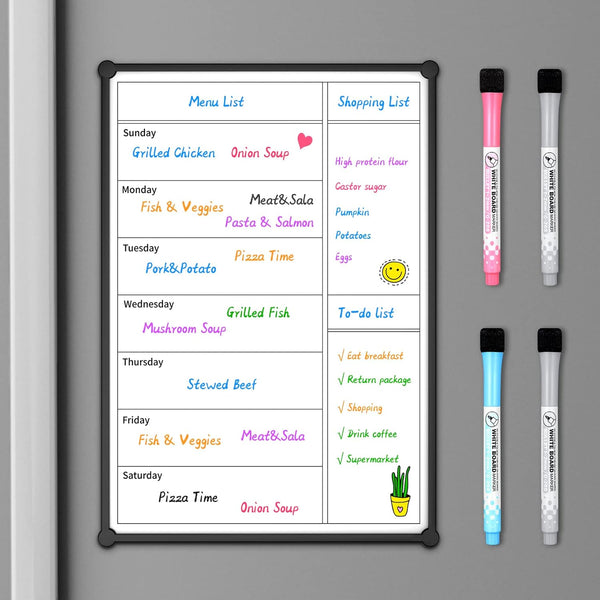 Magnetic Weekly Calendar for Fridge, 12×8”, Double-Sided Grocery List & Kitchen Menu Planner Board with 4 Markers