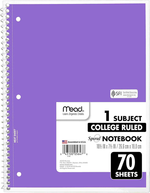 Mead Spiral Notebooks, 6 Pack, 1-Subject, College Ruled, 10-1/2" x 8”, 70 Sheets per Notebook, Assorted Colors