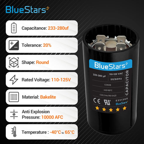 233-280 uf mfd 110-125VAC ±20% Volts Round Motor Start Capacitor 50/60 Hz AC Electric Replacement part by Blue Stars