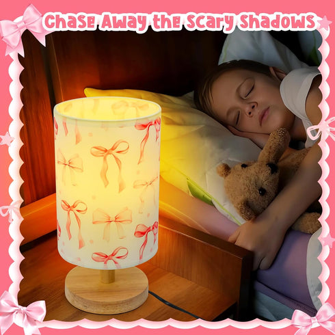 Kids Table Lamp for Bedroom Kids Bedside Lamp with Linen Wooden Nightstand Cartoon Nursery Lampshade for Boys Girls