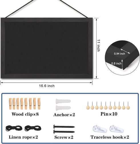 Miratino 2pcs Pin Board, 16"x11" Black Linen Cork Boards with Frame for Home Kitchen School Office Decor
