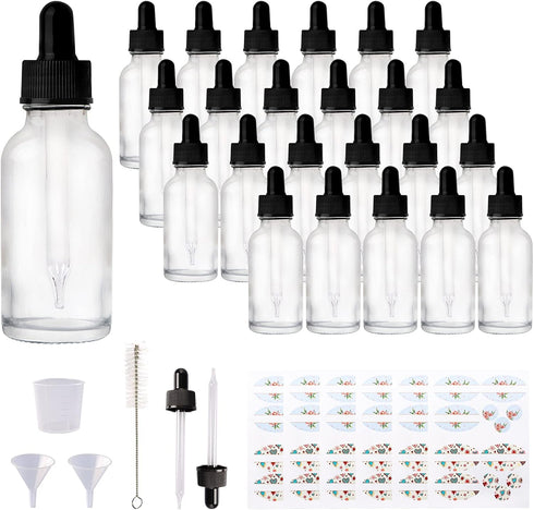 24 Pack 1oz Clear Glass Bottles with Glass Eye Droppers for Essential Oils, Perfumes & Lab Chemicals