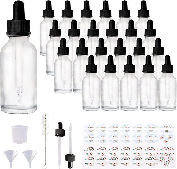 24 Pack 1oz Clear Glass Bottles with Glass Eye Droppers for Essential Oils, Perfumes & Lab Chemicals
