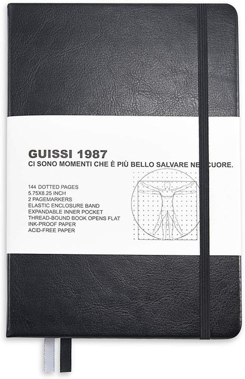 Guissi Classic Dotted Grid Bullet Journal A5 HardCover Notebook, 144 Pages Thick Acid-Free Paper with Inner Pocket
