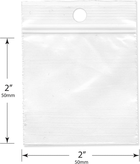 Plymor 2" x 2" Reclosable Plastic Bags - Case of 1,000, 2 Mil with Hang-Hole Zipper