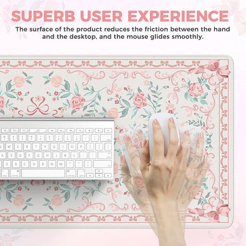 iCasso Pink Desk Mat for Desktop,Cute Desk Pad for Women,Girly Bow Mouse Pad with Stitched Edges,Non-Slip Large
