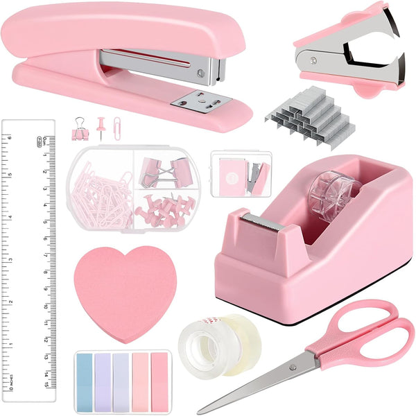 Pink Stapler and Tape Dispenser Set, Office Supplies Kit with Staple Remover, 1000 Staples, Clips, Tape, Scissors, Tabs