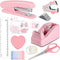 Pink Stapler and Tape Dispenser Set, Office Supplies Kit with Staple Remover, 1000 Staples, Clips, Tape, Scissors, Tabs
