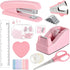 Pink Stapler and Tape Dispenser Set, Office Supplies Kit with Staple Remover, 1000 Staples, Clips, Tape, Scissors, Tabs