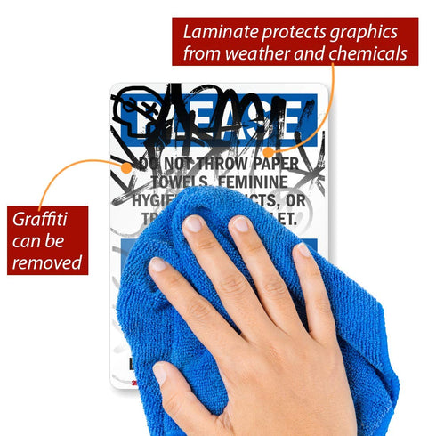 5" 7" 3M SmartSign "Please Do Not Throw Paper Towels, Feminine Hygiene Products, Or Trash In The Toilet" Bilingual
