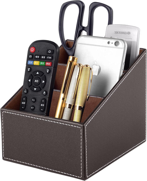 TV Remote Control Organizer/Caddy with 3 Compartments,PU Leather Remote Holder Bedside Table Top, Storage Box, Mobile Phone and Media Accessory Storage,Desk Organizers(brown) by RHCSZ