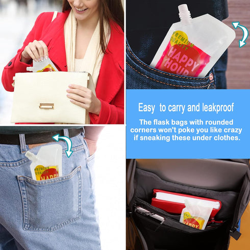 6 Pcs Drink Pouches for Adults, Plastic Flask Reusable Disposable Drink Bags with Funnel (16 oz)