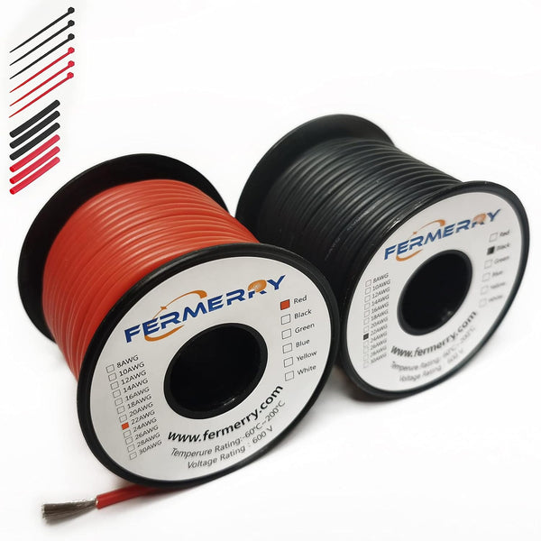 Fermerry 22 AWG Stranded Wire Kit - Red and Black 100Ft each 22 Gauge Electrical Hook Up Wire