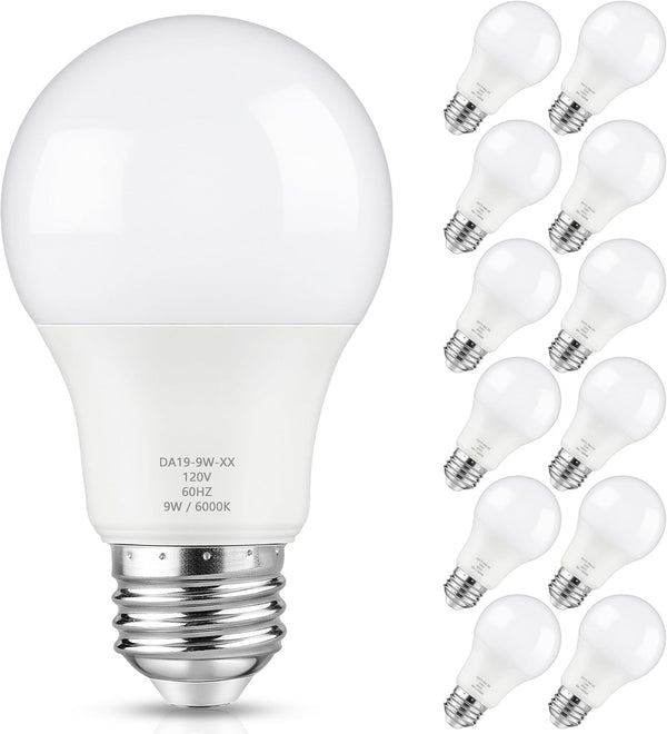 12-Pack A19 LED Light Bulbs, 60 Watt Equivalent, 900LM, Dimmable 9W Bright White LED Bulb, E26 Base, Cool White 6000K