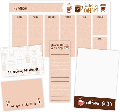 Coffee Lover Themed Sticky Note Ensemble Set, 5 Snarky Caffeine Designs in Various Sizes