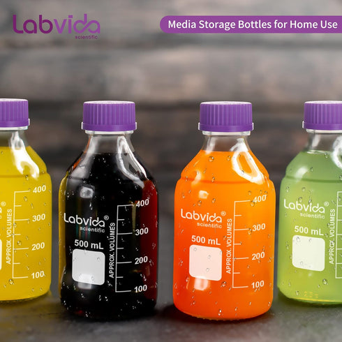 6 pcs 500ml Round Media Storage Bottles with GL45 Screw Cap in Purple, Borosilicate Reagent Bottles