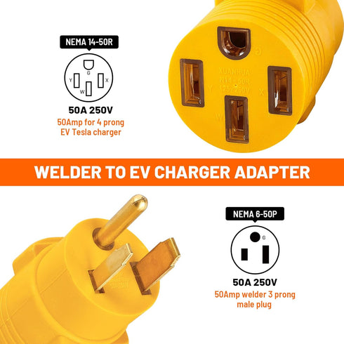 NEMA 6-50P to 14-50R EV Tesla Charger Adapter Cord, 240V 50 Amp 3 Prong Welder Plug to 4 Prong EV Charging Connector, Welder Welding Dryer EV Charger Power Cord Adapter Adaptor Connector
