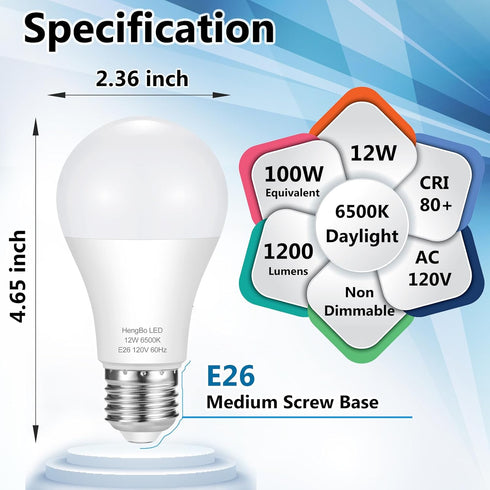 A19 LED Light Bulbs 100 Watt Equivalent, HengBo 6500K Daylight White Light Bulb, 12W 1200 Lumens, Non-Dimmable, E26 Standard Medium Base Super Bright Lamp for Bathroom Home Lighting (Pack of 4) by HengBo LED
