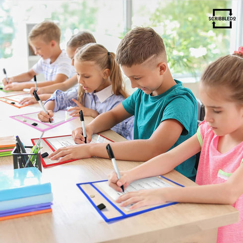 50 Pack SCRIBBLEDO Dry Erase Pockets Reusable Dry Erase Sleeves with Marker Holder Colorful Dry Erase Pocket Sleeves