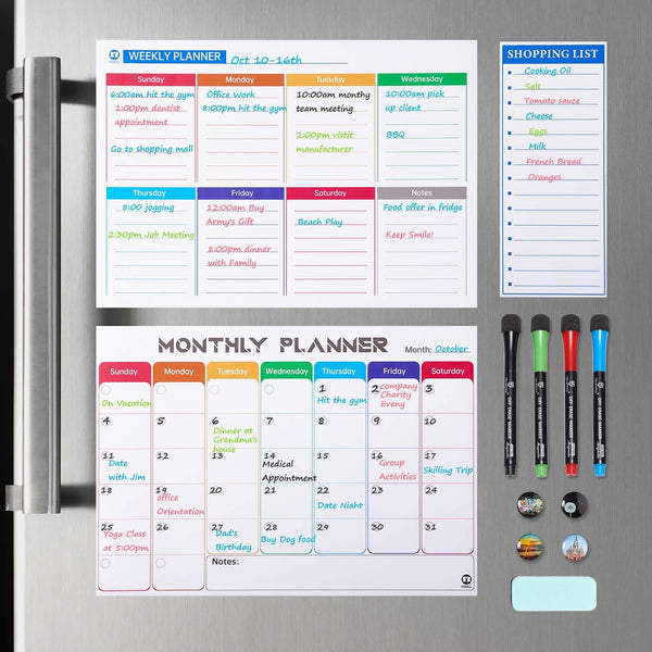 Pubell Magnetic Fridge Calendar Whiteboard Set (3-Pack) with Monthly, Weekly, Shopping List, Markers