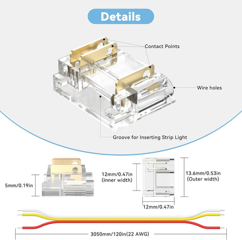 12mm 3-Pin Connection,20pcs Connectors,10ft(305cm) 22AWG Connection,5V 12V 24V PAUTIX Connectors for RGB Smart IC COB