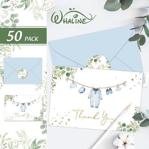 50 Pack Whaline Baby Shower Thank You Cards Boxed Blue Cloth Note Card with Envelopes Stickers Greeting Blank Cards