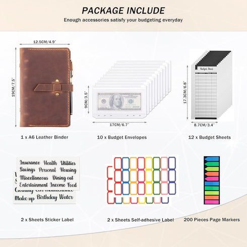 Leather Binder Budget with Cash Envelopes, Handmade A6 Money Saving Planner, Brown