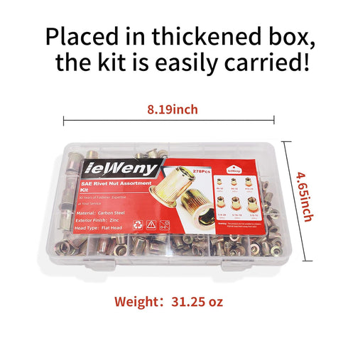 ieWeny Kit(278Pcs), 1/4"-20, 3/8"-16, 5/16"-18, #10-24, #8-32, #6-32UNC Set, Rivet Nut Assortment SAE Carbon Steel