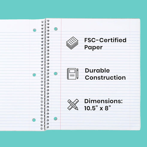 Yoobi Wide Ruled Spiral Notebook Set – 3-Pack of 1 Subject Notebooks, Bright Pink, Blue & Green Designs, 150 Sheets Each