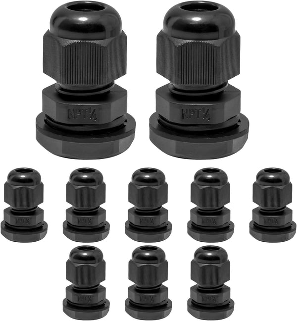 10 Pcs 1/4" NPT Nylon Cable Glands, IP68 Waterproof Adjustable Cord Grip for 4-6mm Cable Diameter
