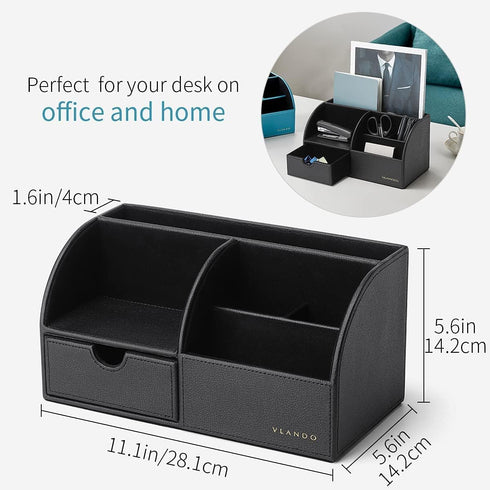 Vlando Leather Desktop Organizer Caddy with Drawer, Office Desk Supplies and Accessories Storage, Black Set