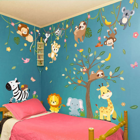 CharmFlo 62.59x90.94 Large Jungle Safari Wall Decals Animals Climbing Trees Removable Peel and Stick Wall Art