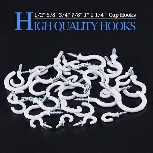 Glarks 100-Pieces White Vinyl Coated Cup Hooks – Screw-in Ceiling Hooks Assortment Kit for Home and Office