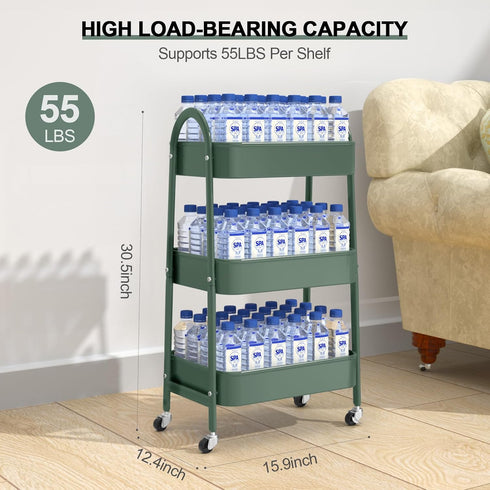 EAGMAK 3 Tier Utility Rolling Cart, Metal Storage Cart with Handle and Lockable Wheels for Kitchen, Living Room,