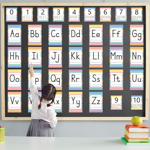 Qyeahkj 37 PCS Pastel Colors Stripes Classroom Alphabet Number Educational Poster Cards for Teacher School Home Wall