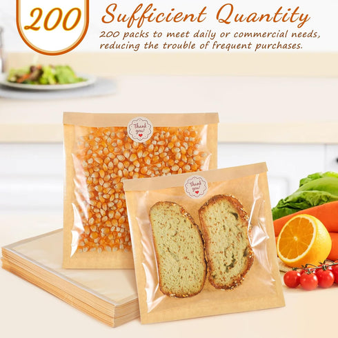 200 Packaging 19x18cm, 200pcs Small Kraft Paper Bread Bags with Window and Self-adhesive Seal, Food-grade Cookie