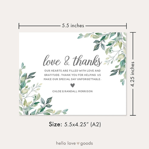 5.5x4.25 Greenery Personalized Wedding Thank You Cards with Message, Flat Thank You Note Cards with Leaves